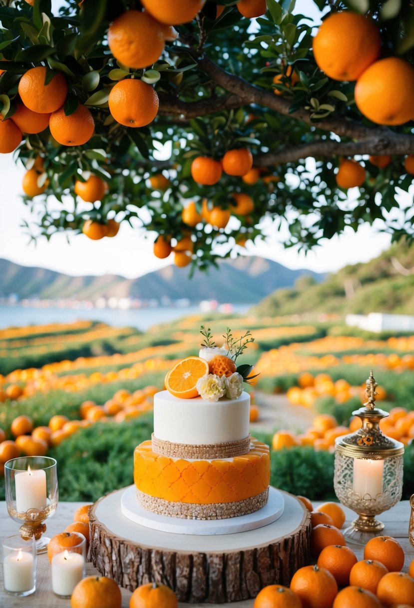 A vibrant Jeju Island landscape with orange groves, traditional Korean wedding decorations, and a beautifully crafted orange cake as the centerpiece
