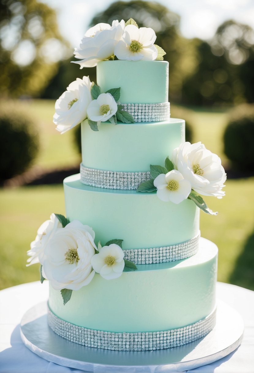 A towering mint chocolate chip wedding cake, adorned with delicate white flowers and a shimmering silver ribbon