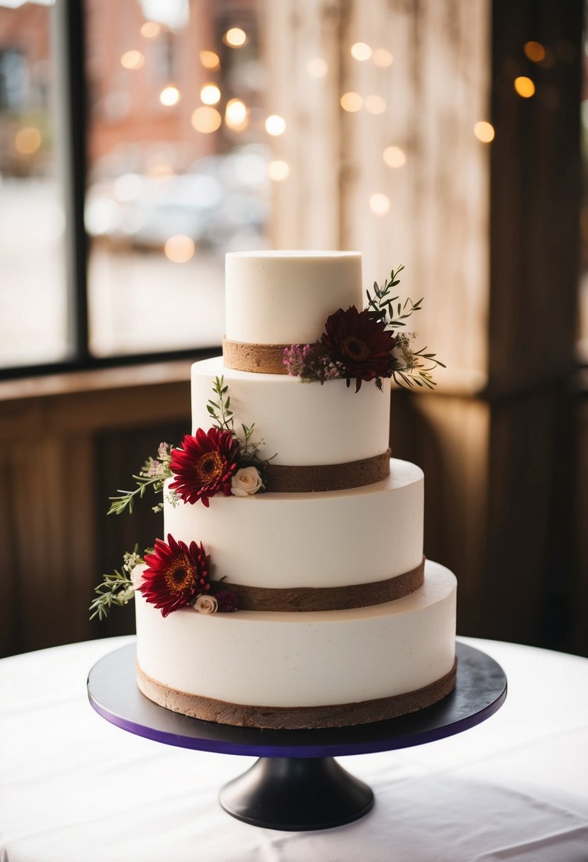 A single-tier wedding cake adorned with rustic floral decorations
