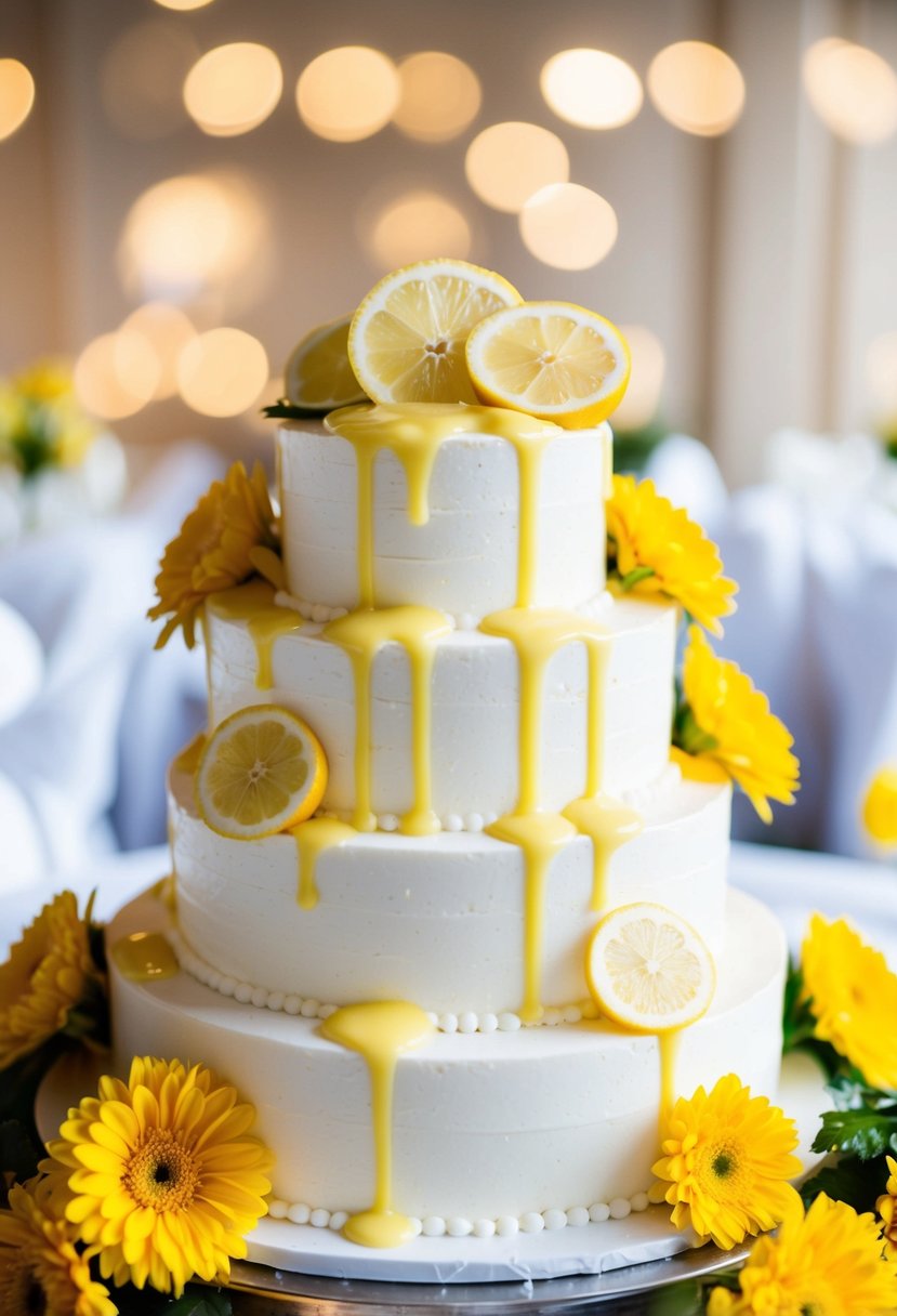 A pristine white one-tier wedding cake adorned with fresh lemon slices and drizzled with lemon curd, surrounded by vibrant yellow flowers