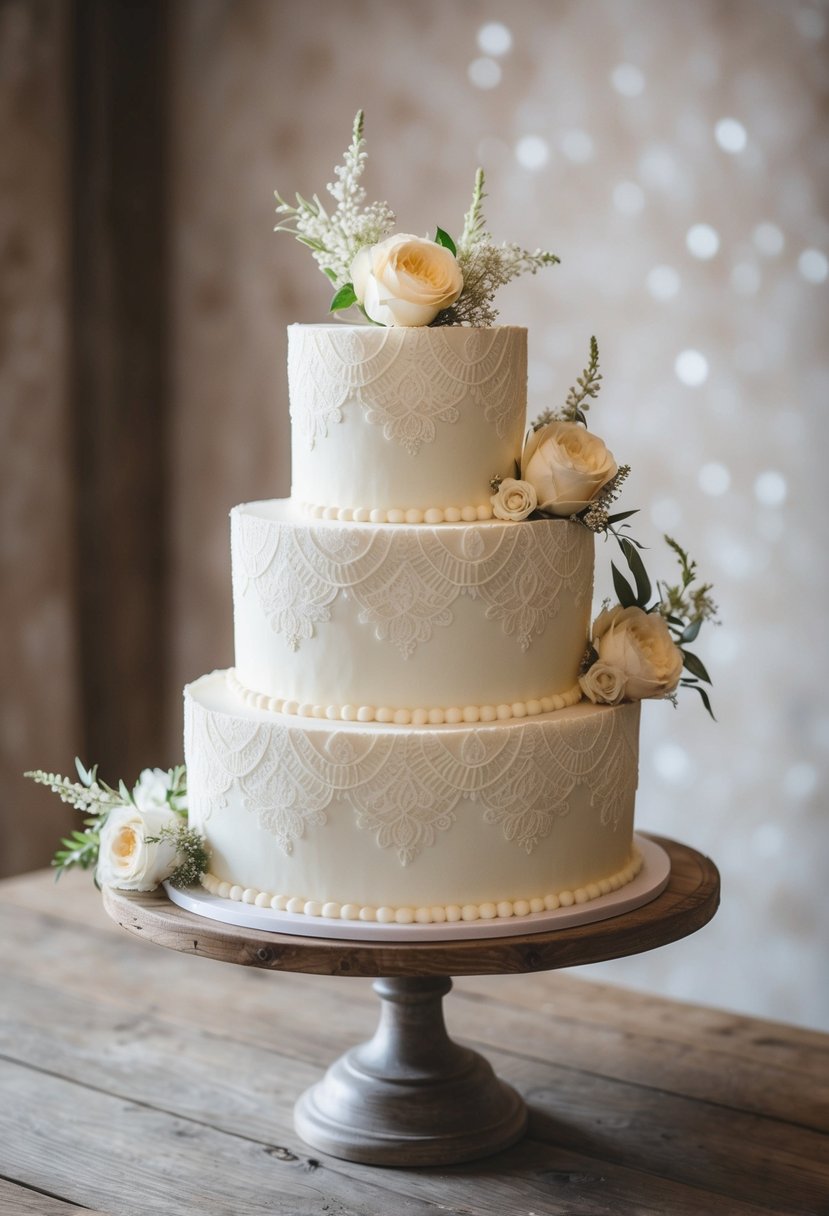A vintage lace design one-tier wedding cake displayed on a rustic wooden table with delicate floral accents and soft lighting