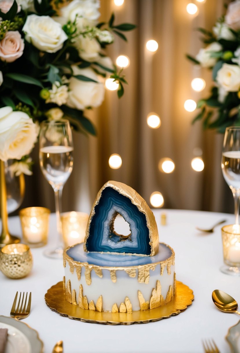 A geode cake with gold accents sits on a table, surrounded by elegant decor and soft lighting, creating a luxurious and romantic ambiance