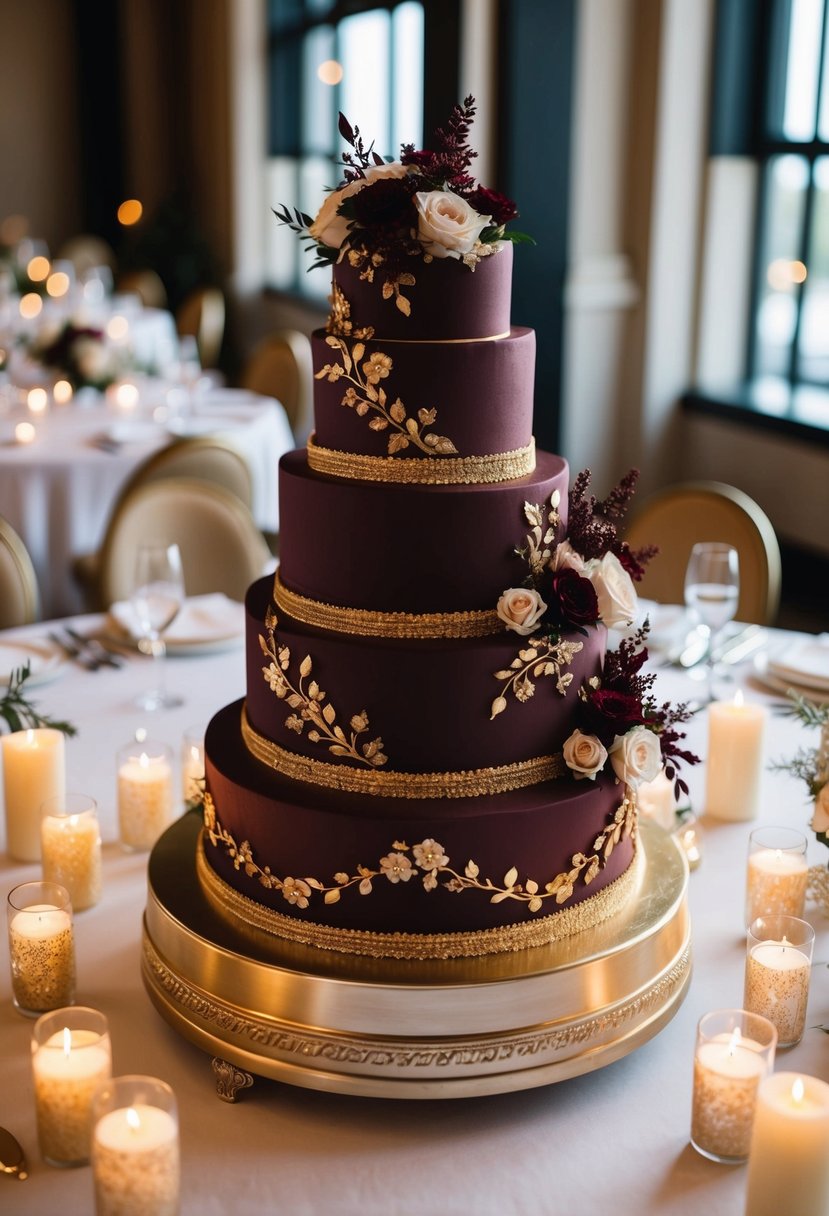 A maroon wedding cake adorned with gold accents and intricate floral designs sits on a tiered display, surrounded by elegant table settings and soft candlelight