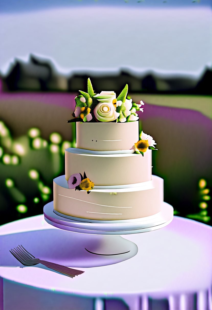 A one-tier wedding cake adorned with simple buttercream and fresh flowers