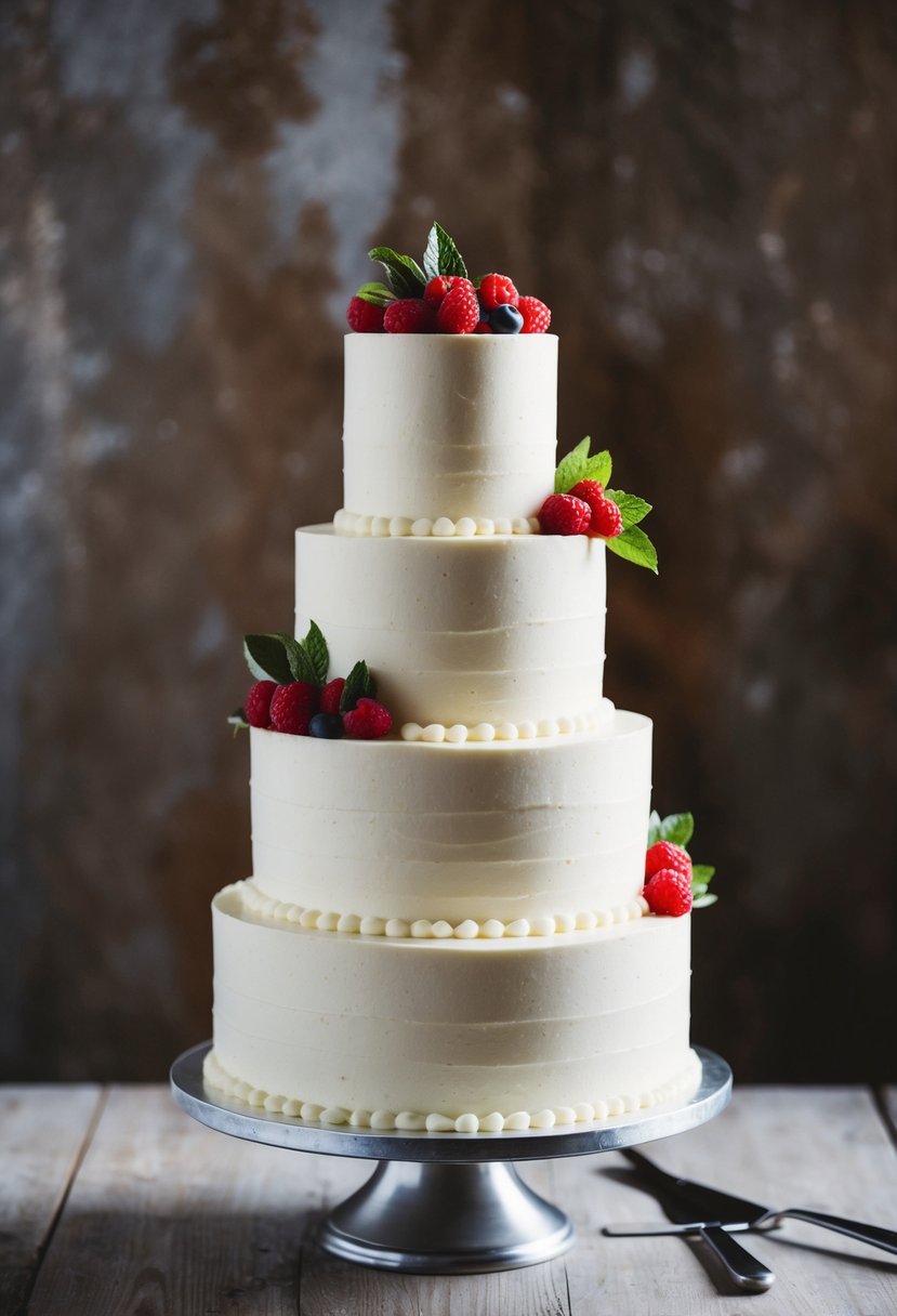 A three-tiered wedding cake with vanilla frosting, adorned with fresh berries, set against a rustic backdrop
