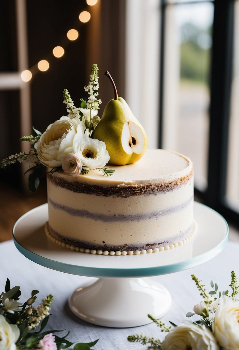 A champagne-colored wedding cake with delicate pear filling, adorned with elegant floral decorations