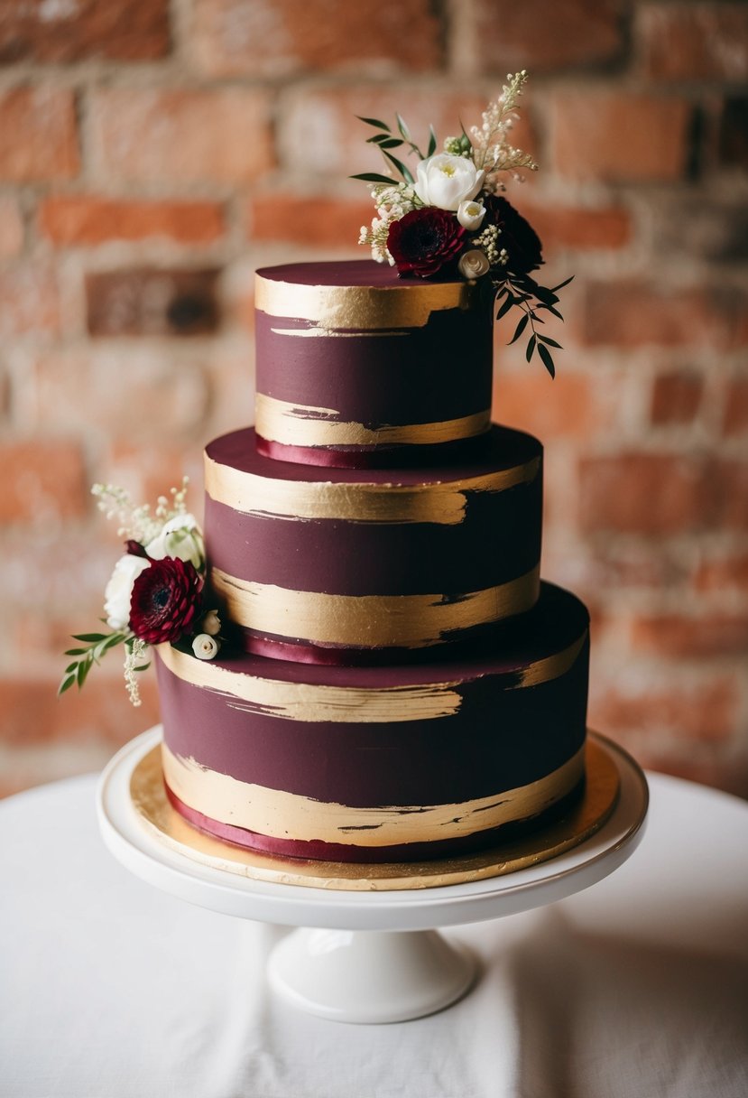 A maroon wedding cake adorned with gold brushstroke details and delicate floral accents