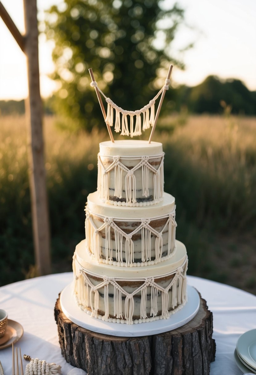 A one-tier boho chic wedding cake adorned with macramé accents in a rustic, outdoor setting
