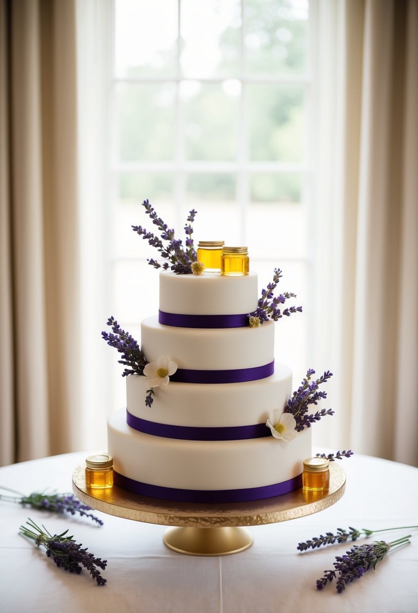 A one-tier wedding cake adorned with lavender and honey, surrounded by a soft, romantic atmosphere