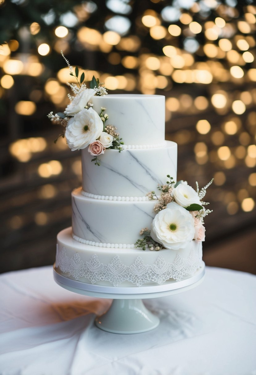 A white marble one-tier wedding cake adorned with elegant floral accents and delicate lace details