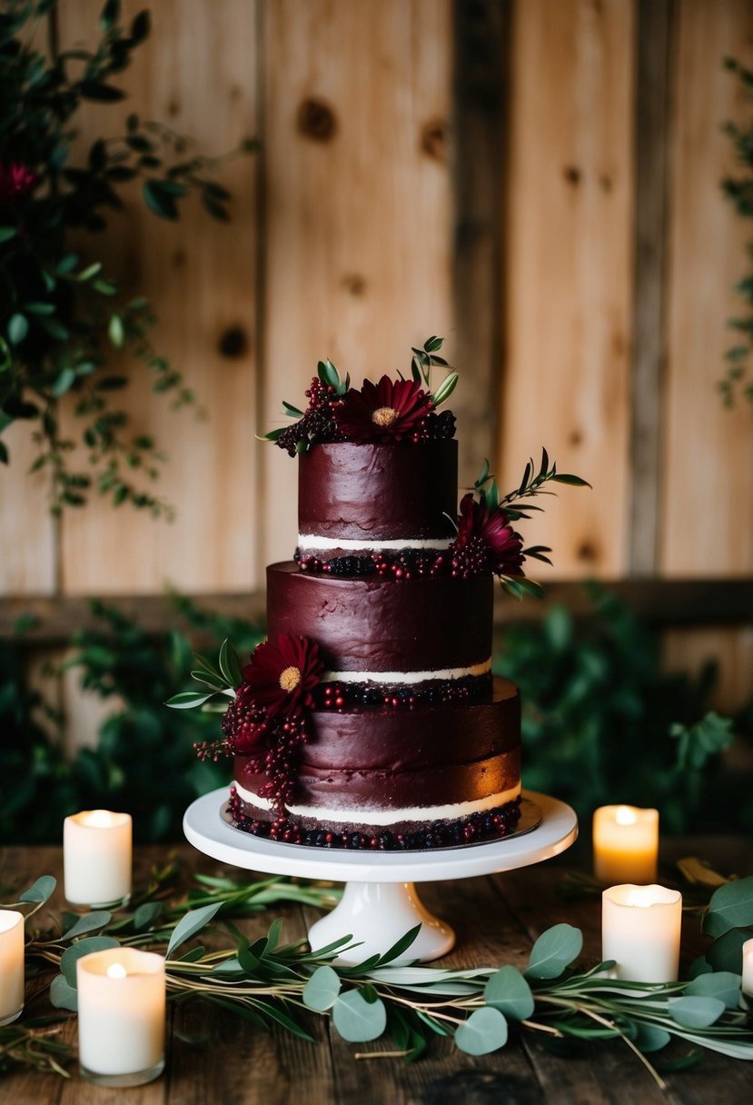 A rustic maroon wedding cake adorned with berries and maroon flowers sits on a wooden table, surrounded by greenery and soft candlelight