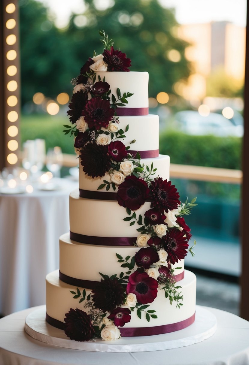 A three-tiered maroon floral cascade wedding cake on a white stand