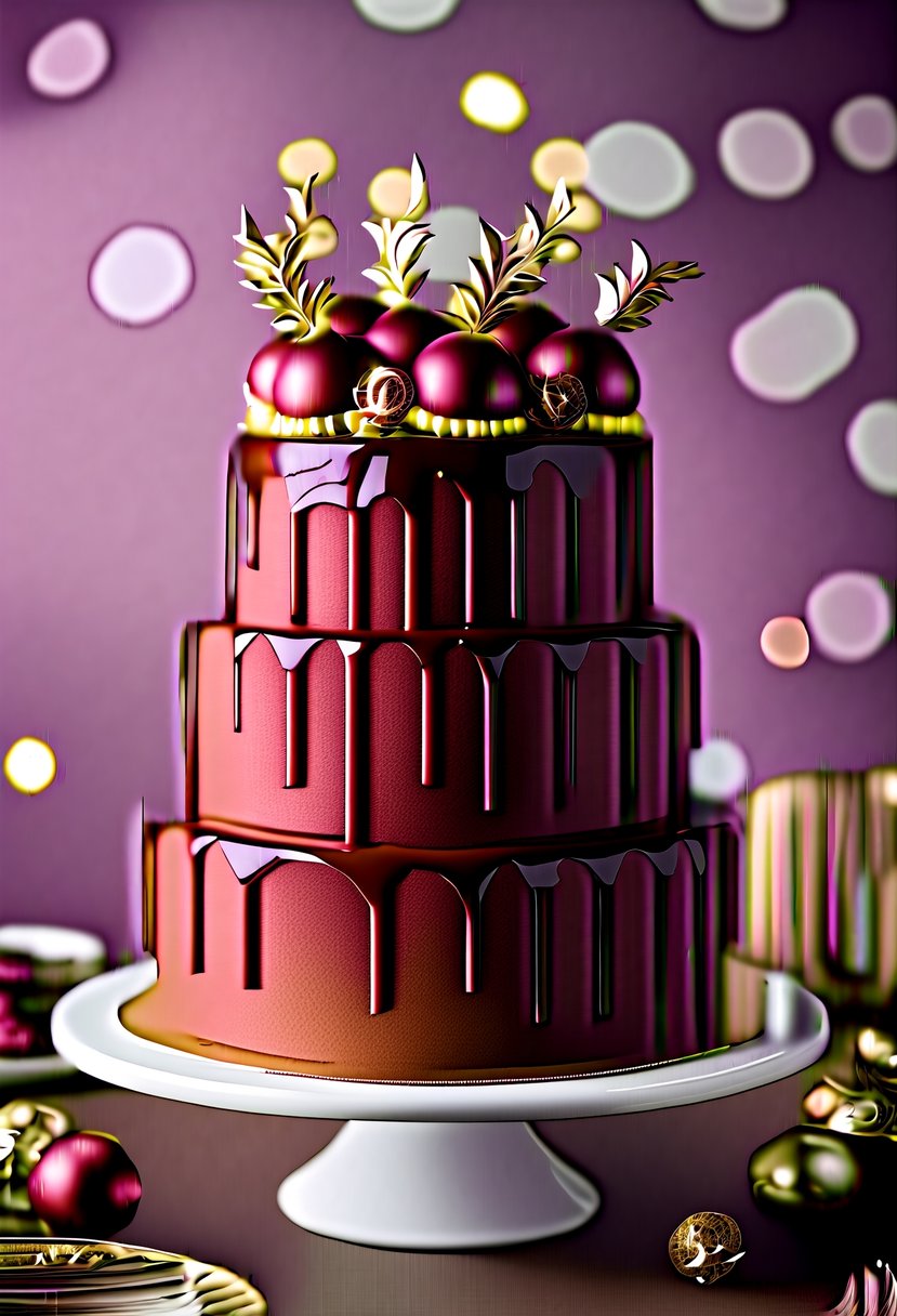 A rich red velvet cake with cascading maroon icing and elegant gold accents