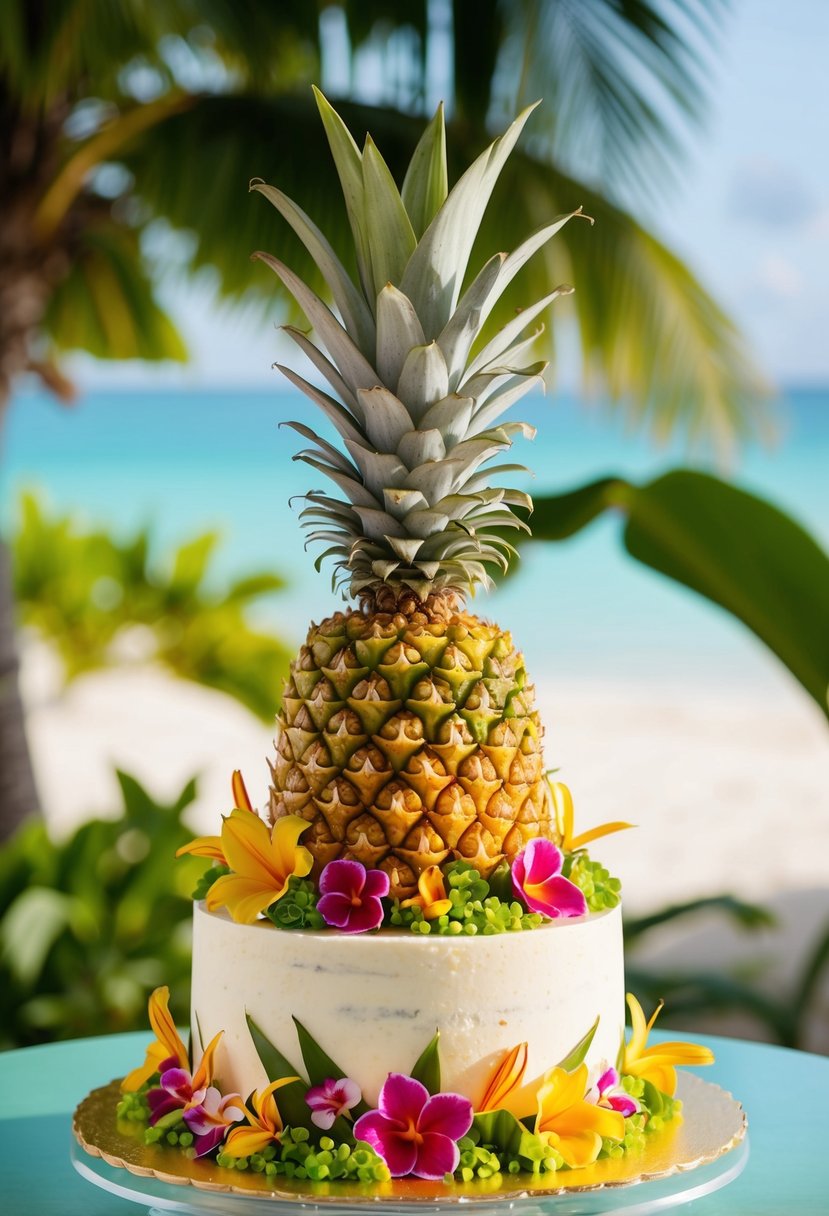A vibrant tropical pineapple cake adorned with colorful flowers and greenery, set against a backdrop of a serene beach or lush tropical garden
