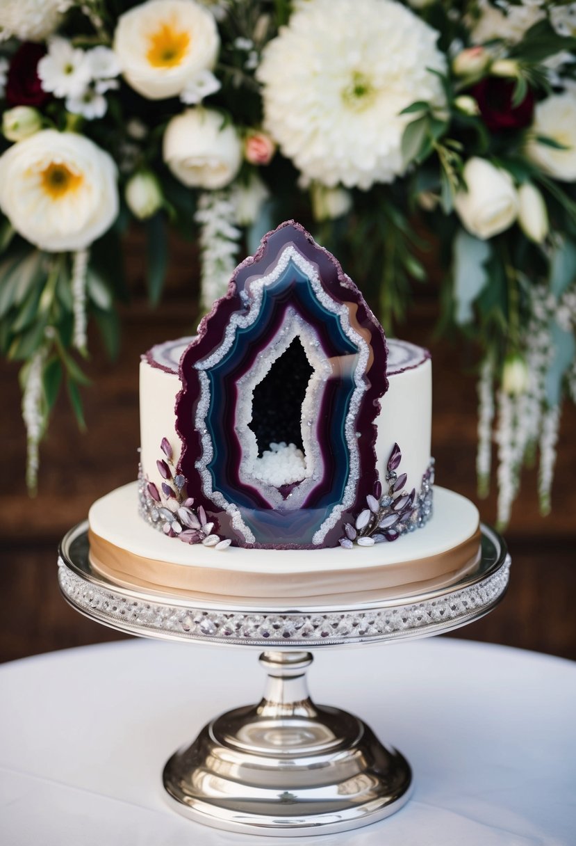 A maroon geode wedding cake sits on a silver stand, adorned with edible crystals and shimmering details, set against a backdrop of elegant floral arrangements