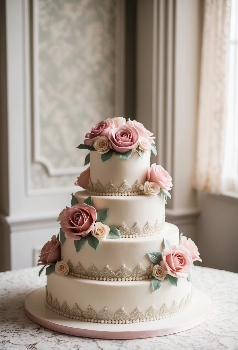 A one-tier wedding cake adorned with intricate Victorian rose designs in shades of pink and cream, set against a delicate lace tablecloth