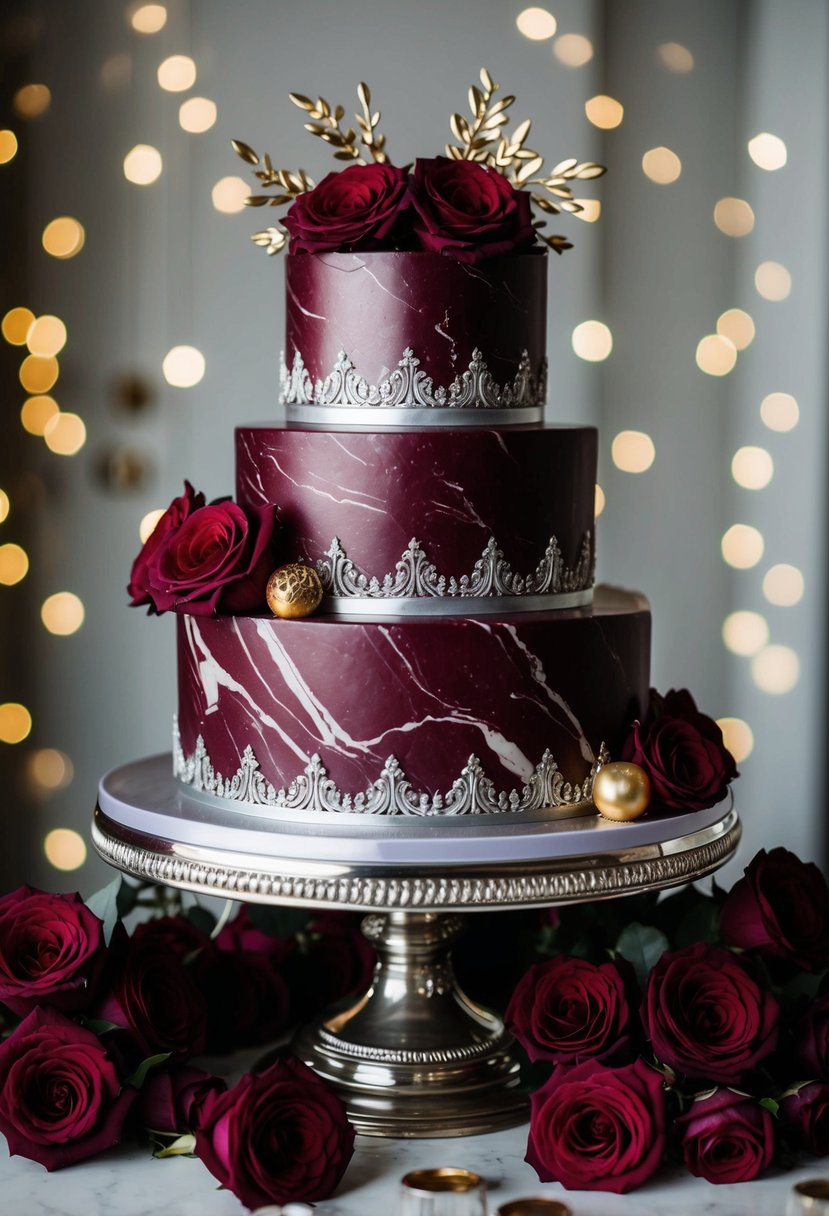 A three-tiered maroon marble cake adorned with garnet glaze and intricate designs sits atop a silver cake stand, surrounded by deep red roses and gold accents