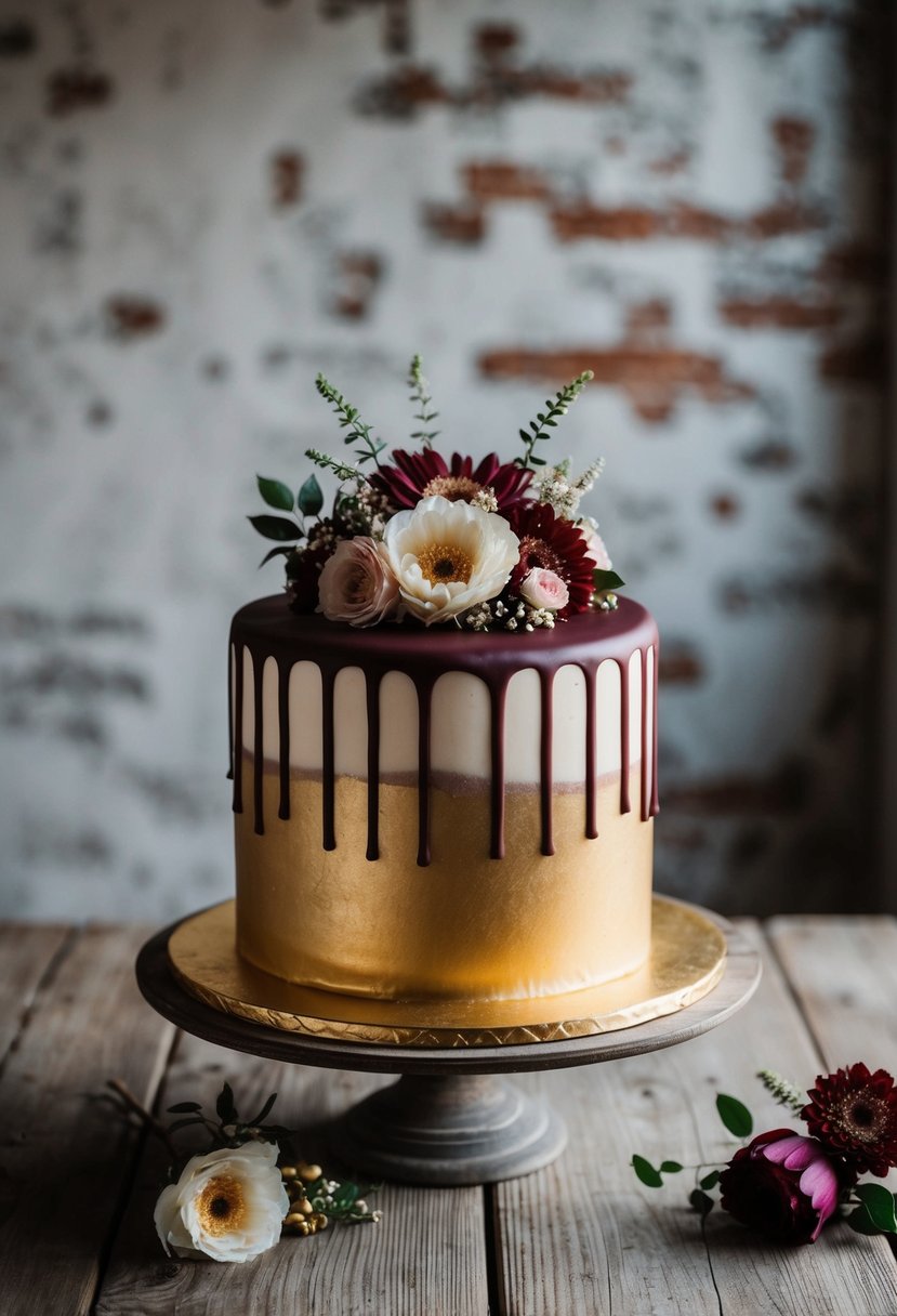 A maroon and gold drip cake sits on a rustic wooden table, adorned with elegant floral decorations