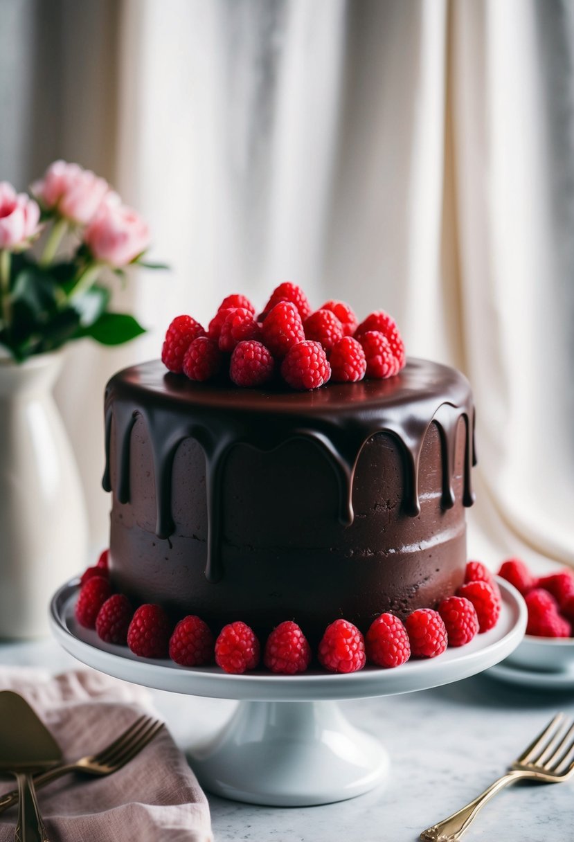 A rich, glossy dark chocolate ganache cake adorned with fresh raspberries, set against a soft, romantic backdrop