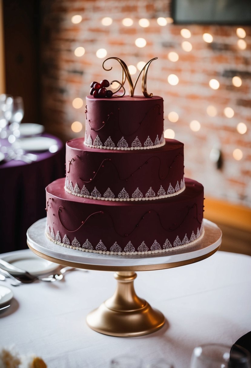 A maroon wedding cake with cranberry swirls and decorative accents