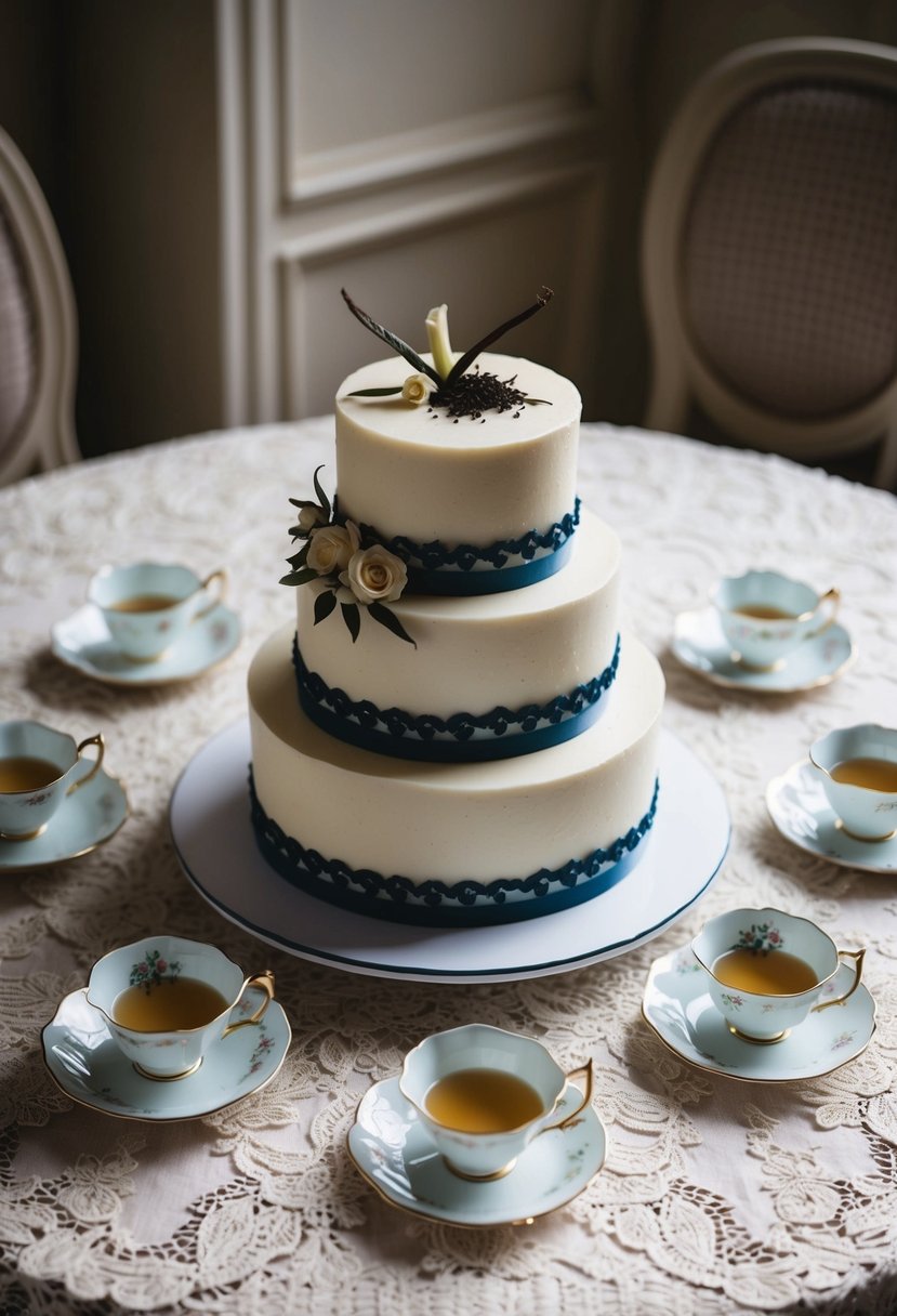 A single-tier wedding cake adorned with Earl Grey tea and vanilla bean, surrounded by delicate tea cups and saucers on a vintage lace tablecloth