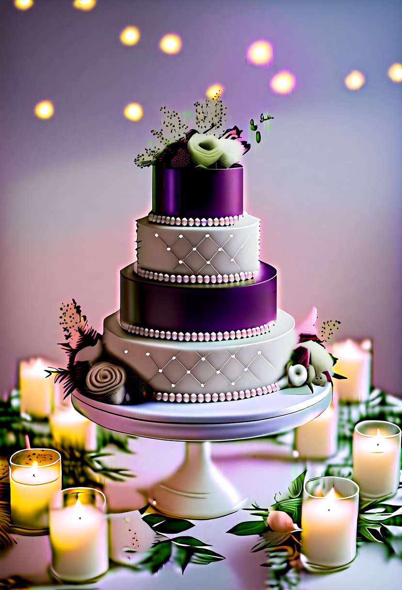 A maroon and pearls elegant cake displayed on a white pedestal, surrounded by soft candlelight and delicate floral arrangements