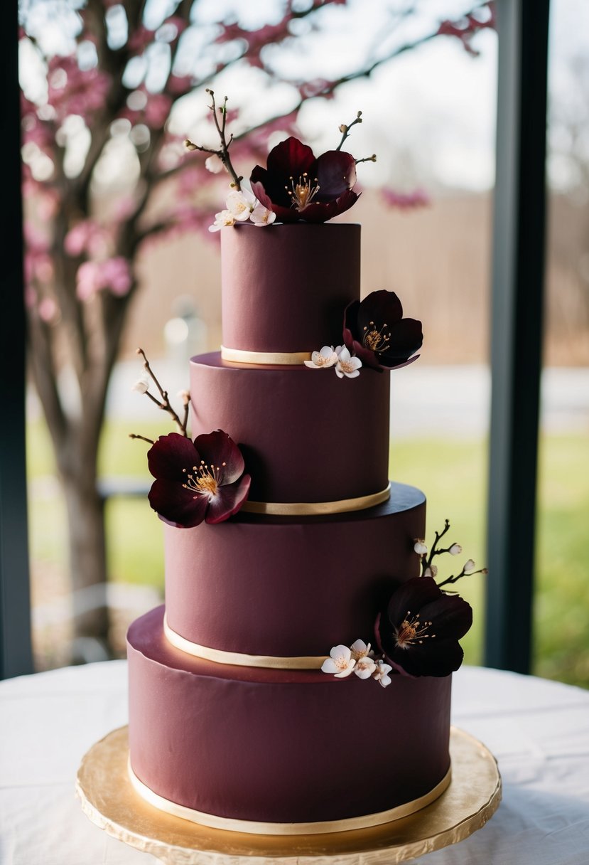 A three-tiered maroon wedding cake adorned with dark cherry blossom flowers and delicate gold accents