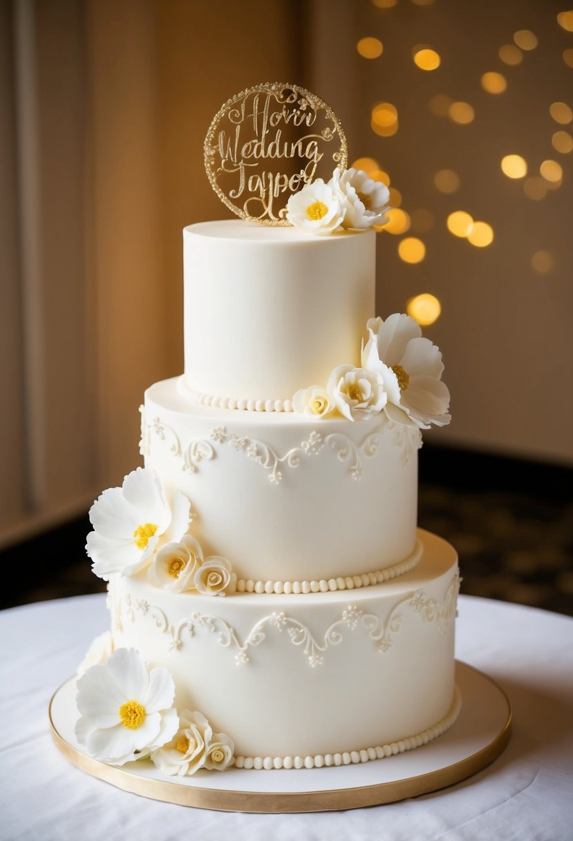 A white, two-tier wedding cake adorned with delicate sugar flowers and intricate piping designs. A shimmering gold cake topper adds a touch of elegance