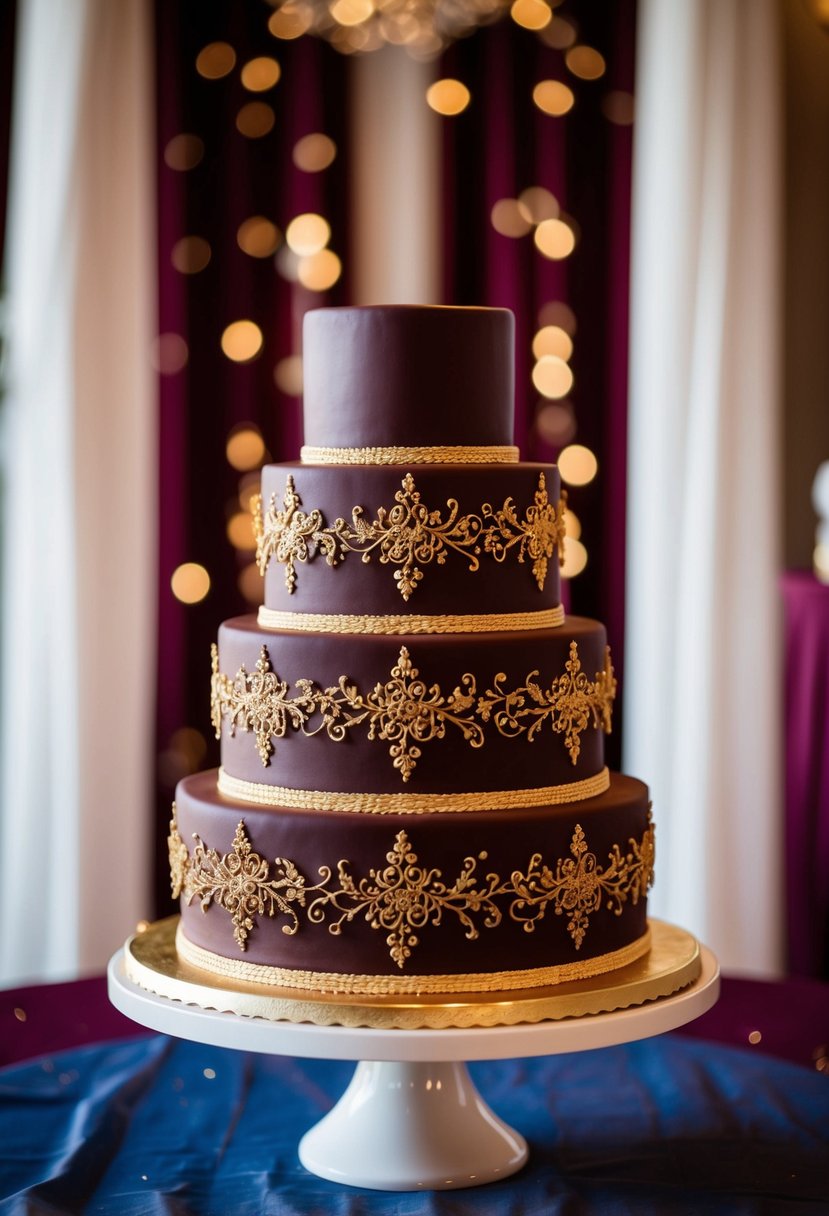 A rich, spiced maroon chocolate cake adorned with intricate gold detailing, set against a backdrop of elegant maroon wedding decor