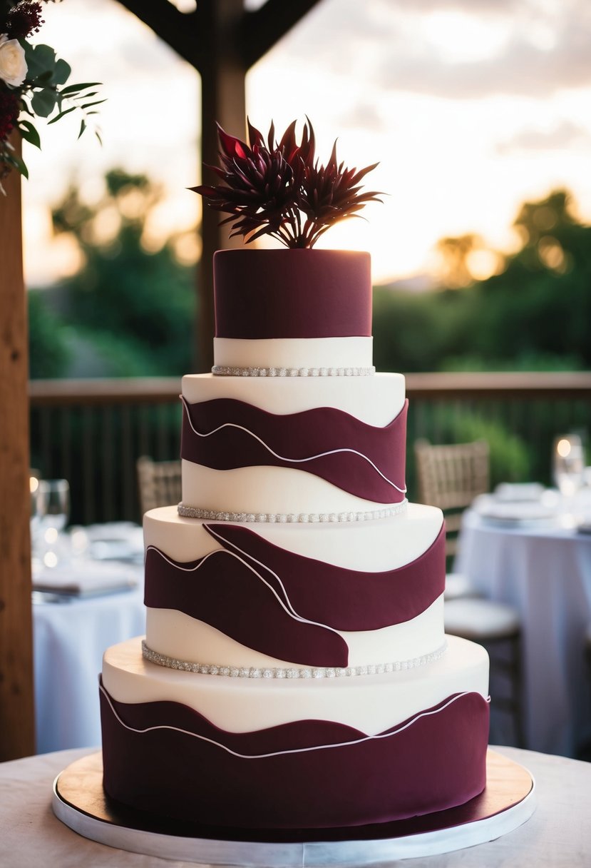 A three-tiered maroon wedding cake with abstract crimson art design