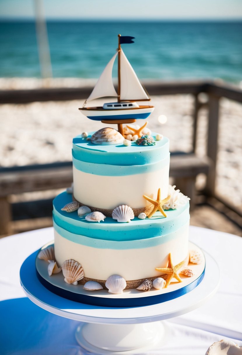 A beach-themed wedding cake with nautical elements, featuring two tiers adorned with seashells, starfish, and a sailboat topper