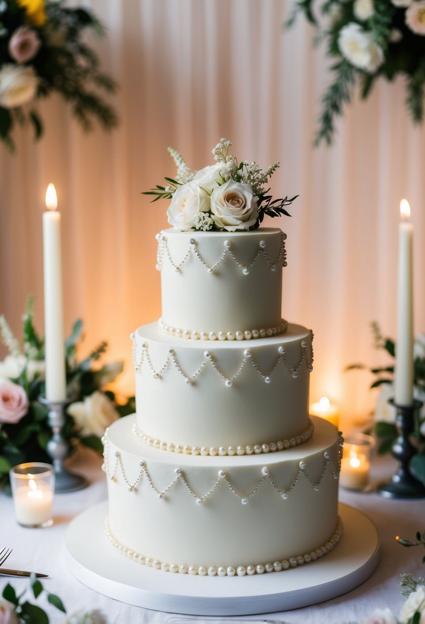 A two-tier wedding cake adorned with vintage pearl embellishments, set against a romantic backdrop of soft candlelight and delicate floral arrangements