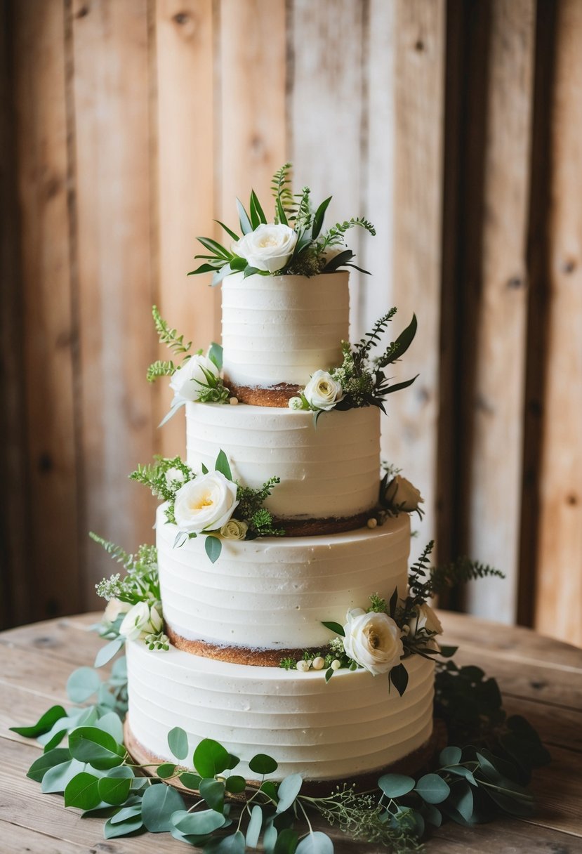 A three-tiered wedding cake adorned with fresh flowers and greenery sits on a wooden table in a rustic setting