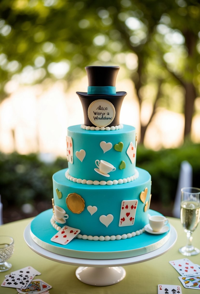 A two-tiered wedding cake with whimsical Alice in Wonderland theme, featuring teacups, playing cards, and a top hat as decorations