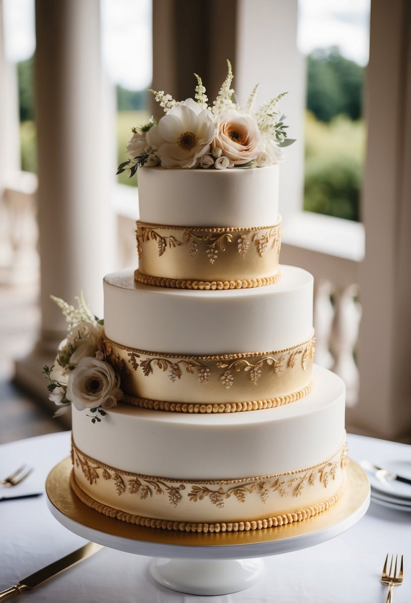 A two-tier wedding cake with classic gold trim, adorned with intricate floral designs and elegant detailing