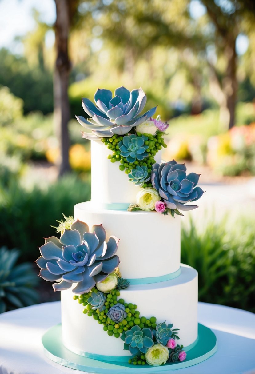 A two-tier wedding cake adorned with succulents and flowers, inspired by a lush garden