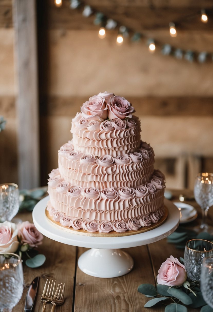 A ruffled icing cake adorned with dusty pink roses sits on a wooden table, surrounded by rustic wedding decor