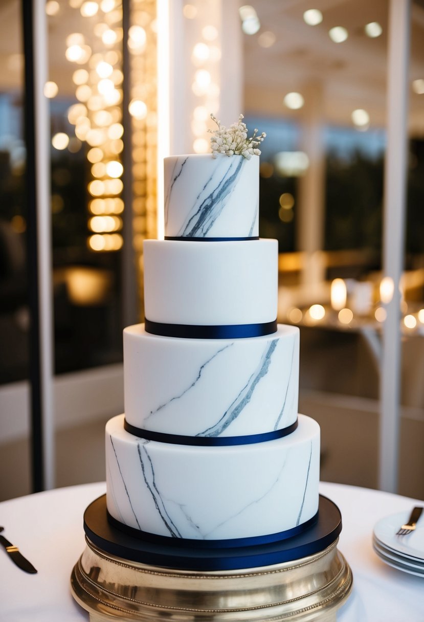 A two-tier wedding cake with modern marble effect in a sleek and elegant display