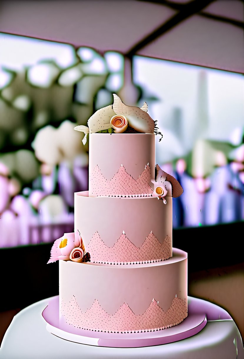 A three-tiered pink wedding cake adorned with delicate sugar flowers and intricate lace designs