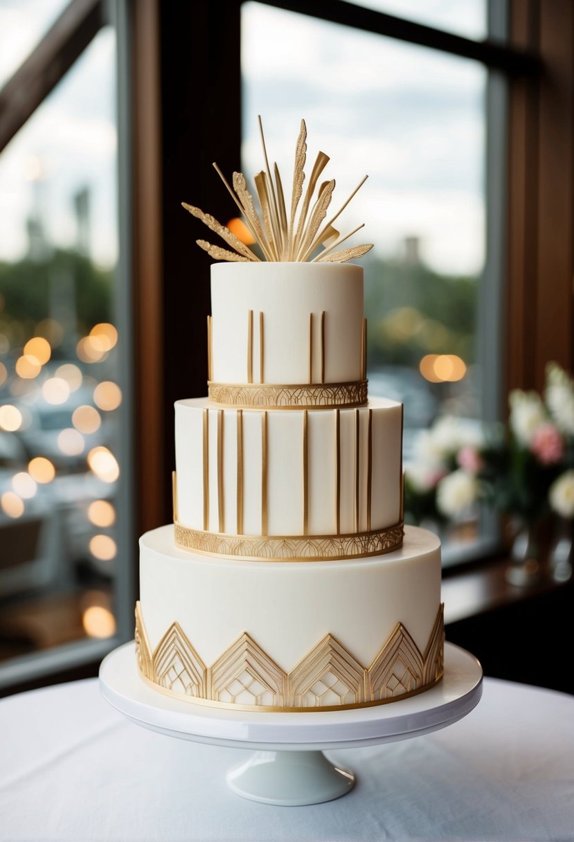 A two-tiered wedding cake with Art Deco-inspired geometric patterns and glamorous gold accents
