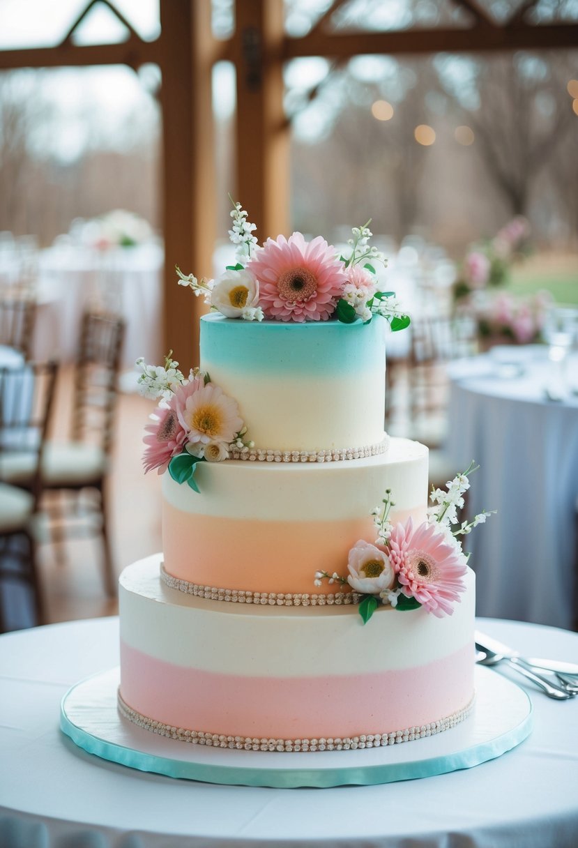 A two-tiered wedding cake with a pastel ombre design, adorned with spring flowers and delicate sugar decorations