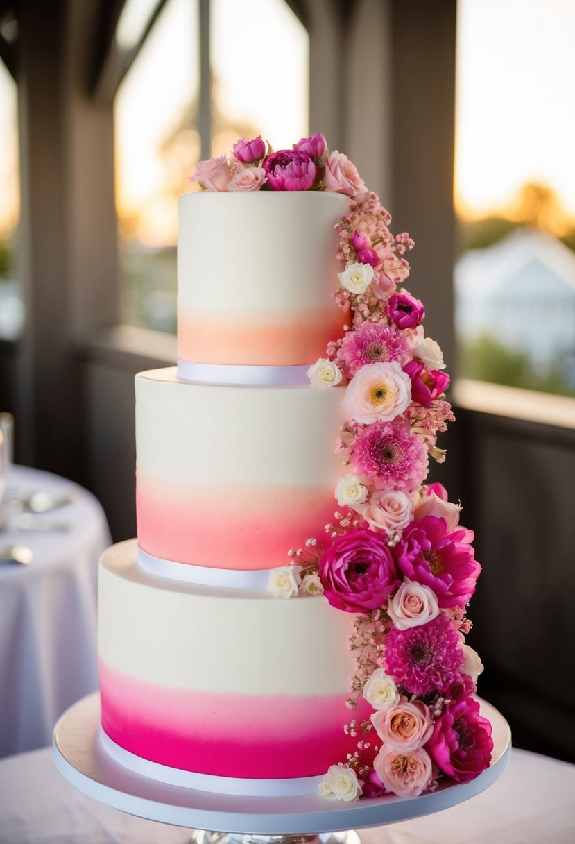 A three-tiered wedding cake with ombre pink floral decorations cascading down the sides
