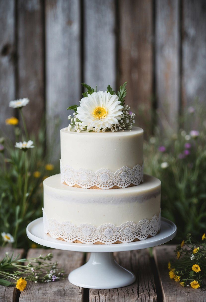 A simple vanilla cake adorned with burlap and lace, set against a rustic backdrop of weathered wood and wildflowers