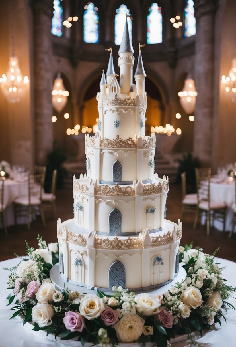 A majestic fairytale castle wedding cake with two tiers, adorned with intricate details and surrounded by enchanting floral decorations