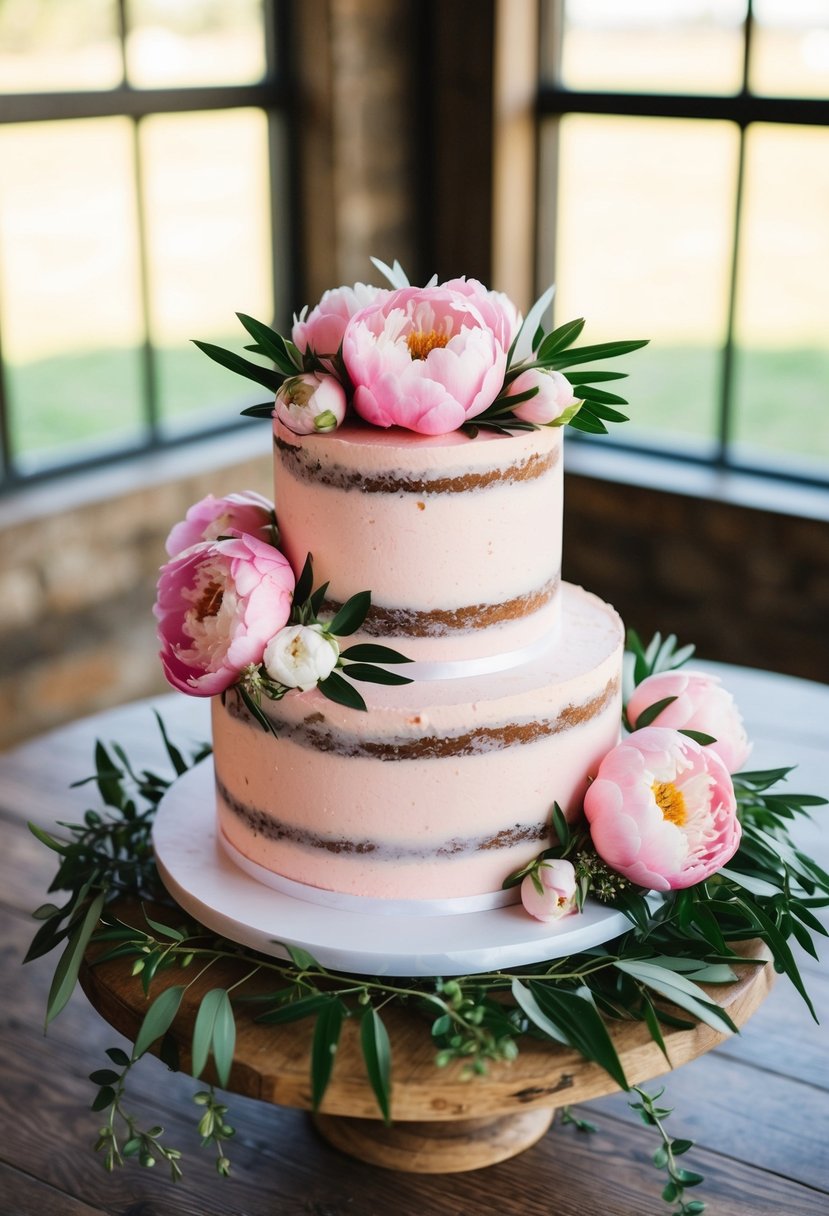 A rustic pink peony cake sits on a wooden table, adorned with delicate pink peonies and green foliage, creating a beautiful wedding cake display