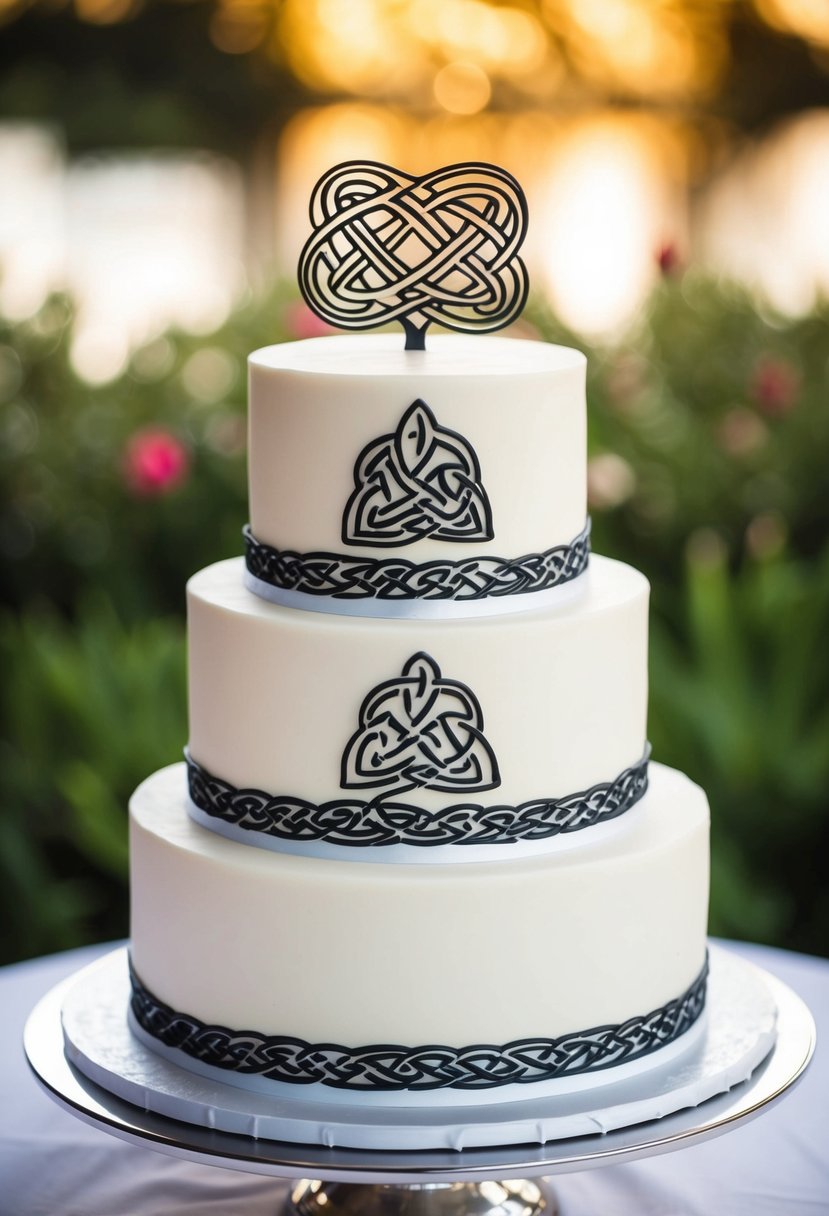 A two-tier wedding cake with intricate Celtic knotwork design