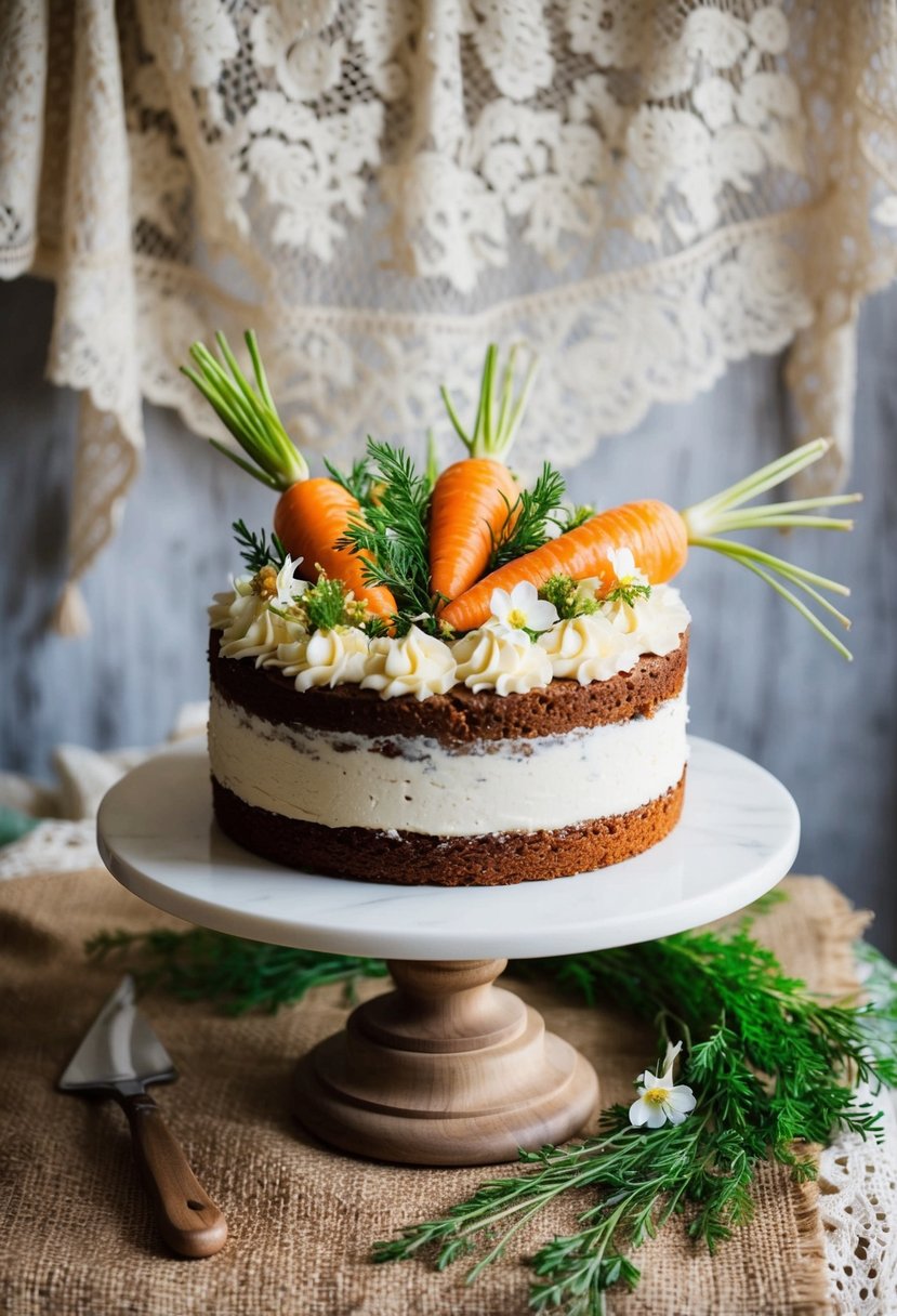 A rustic carrot cake with cream cheese frosting sits atop a wooden cake stand, adorned with edible flowers and greenery, set against a backdrop of vintage lace and burlap