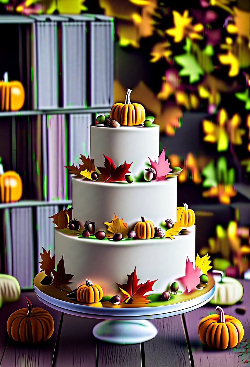 A two-tier cake adorned with autumn leaves, acorns, and pumpkins, set against a backdrop of rustic wooden crates and colorful fall foliage