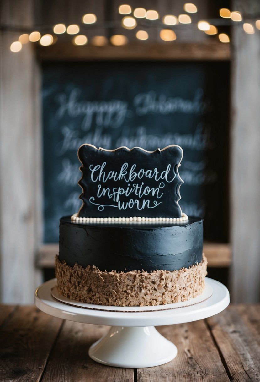 A chalkboard-inspired cake adorned with rustic details and handwritten script