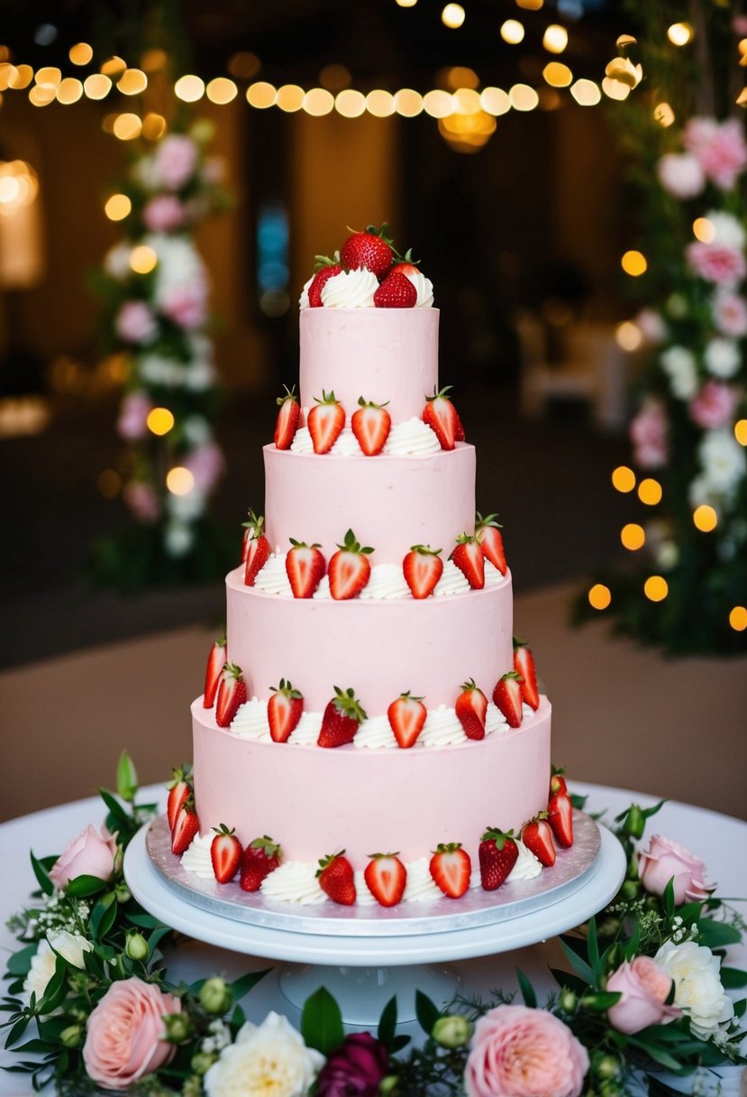 A three-tiered pink wedding cake adorned with strawberries and cream, surrounded by floral decorations and twinkling lights
